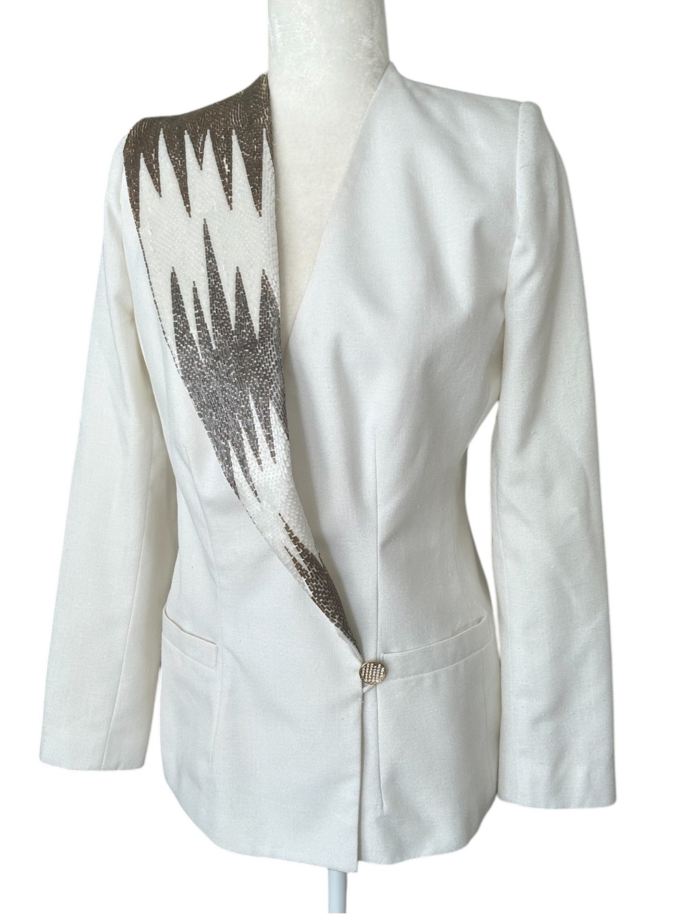 White Sequin Embellished Blazer Size Small | Elegant Statement Jacket - Picture 3 of 7